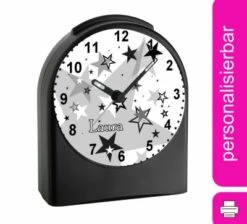 CreaDesign Kinder Funkwecker Personalisiert Mit Namen Sterne Atom-/Funkuhr, 12-Stunden-Anzeigeformat, Schlummerfunktion, Nachtlicht, Geräuschlos/Ohne Ticken