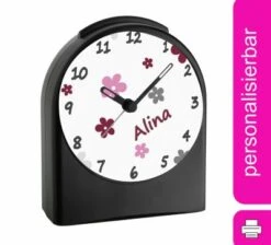 CreaDesign Kinder Funkwecker Personalisiert Mit Namen Blume Atom-/Funkuhr, 12-Stunden-Anzeigeformat, Schlummerfunktion, Nachtlicht, Geräuschlos/Ohne Ticken