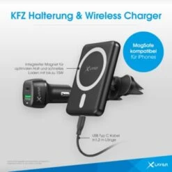 Xlayer WIRELESS : MagFix Pro Magsafe 15W Wireless KFZ Handyhalter Mit USB-C Kabel Und Dual Charger Schnellader Fürs Auto Kompatibel Für IPhone 12/13/14 Schwarz -Heim-Audio 28181037 05