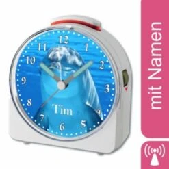 CreaDesign Kinder Funkwecker Weiß Personalisiert Mit Namen Delfin 12-Stunden-Anzeigeformat, Geräuschlos/Ohne Ticken, Nachtlicht