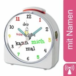 CreaDesign Kinder Funkwecker Weiß Personalisiert Mit Namen Früher Vogel 12-Stunden-Anzeigeformat, Geräuschlos/Ohne Ticken, Nachtlicht