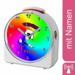 CreaDesign Kinder Funkwecker Weiß Personalisiert Mit Namen Monster Regenbogen 12-Stunden-Anzeigeformat, Geräuschlos/Ohne Ticken, Nachtlicht