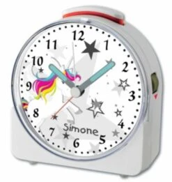 CreaDesign Kinder Funkwecker Weiß Personalisiert Mit Namen Einhorn Grau 12-Stunden-Anzeigeformat, Geräuschlos/Ohne Ticken, Nachtlicht -Heim-Audio 28901578 03