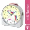CreaDesign Kinder Funkwecker Weiß Personalisiert Mit Namen Einhorn Gelb 12-Stunden-Anzeigeformat, Geräuschlos/Ohne Ticken, Nachtlicht