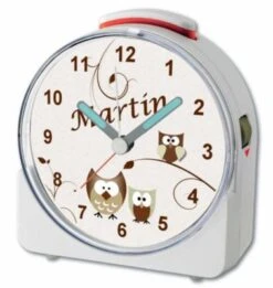 CreaDesign Kinder Funkwecker Weiß Personalisiert Mit Namen Eule Beige 12-Stunden-Anzeigeformat, Geräuschlos/Ohne Ticken, Nachtlicht -Heim-Audio 28901714 04