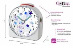 CreaDesign Kinder Funkwecker Weiß Personalisiert Mit Namen Sterne Blau 12-Stunden-Anzeigeformat, Geräuschlos/Ohne Ticken, Nachtlicht -Heim-Audio 28901970 02